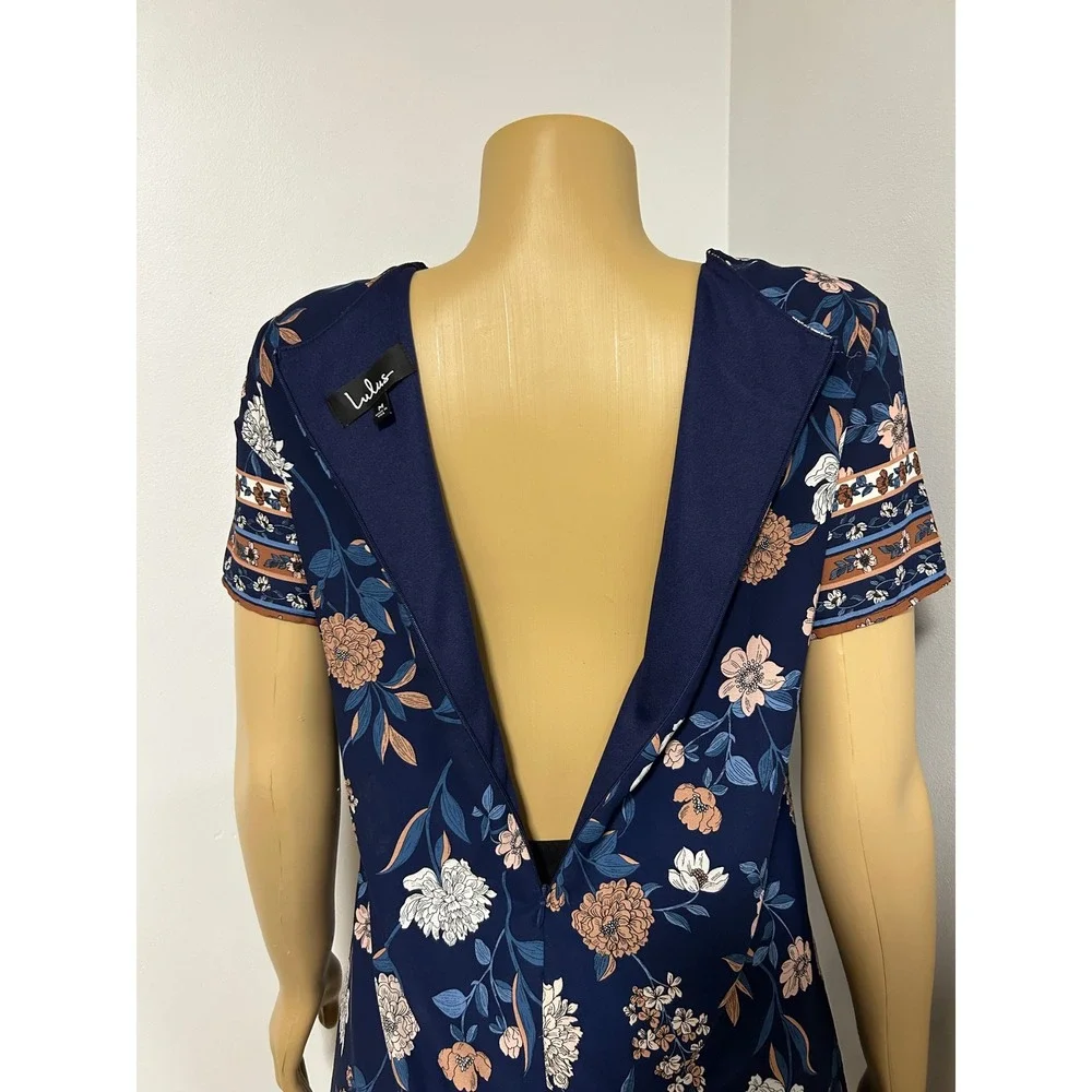 Lulus Navy Blue Floral Shift Mini Dress Short Sleeve Crew Neck M Made in USA